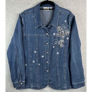 Quacker Factory Womens XL Denim Jacket Rhinestone Pearl Butterfly Embellished